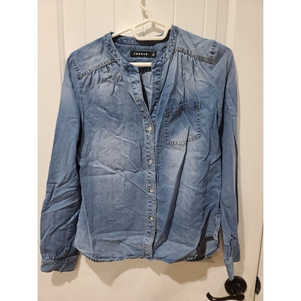 Trouve Chambray Denim Long Sleeve Button Down Oversize Tunic Top Women's Small